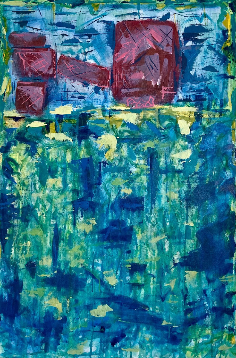 The top quarter Has a light blue sea with sharp lines and thicker shape lines, most of the space is taken up by a representation in 4 values of red pink muddy purple and dark blue, and the oil rig is reduced to the most basic shape of rectangles. The rest of the painting is a dripping of analogous colors from green to blue in many different hues. 